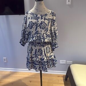 Boston Proper Blue & Cream Mosaic Floral Dress
